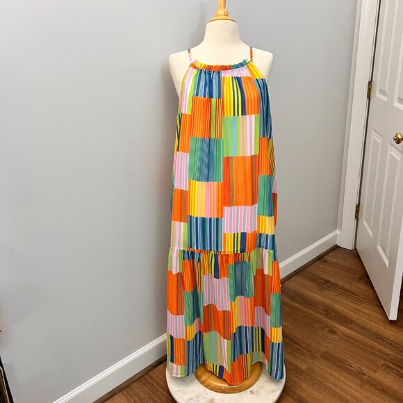 J. NNA Multicolor Patchwork Tiered Maxi Tank Colorful Dress Sz M - Picture 1 of 11